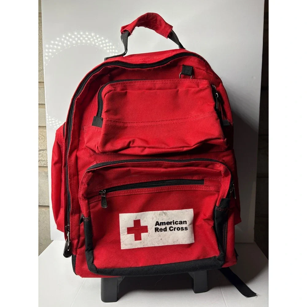 American Red Cross Rolling Backpack Red Canvas Emergency Utility Bag Wheels